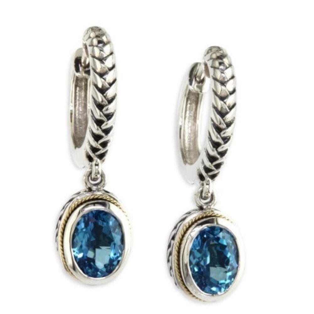 EFFY STERLING 925 18KYG BLUE TOPAZ DANGLE DROP HOOP EARRINGS (C120)